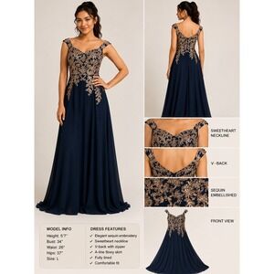 Betsy & Adam Navy Blue Gold Sequin Embroidered Gown  Size 2 Sweetheart V-Back